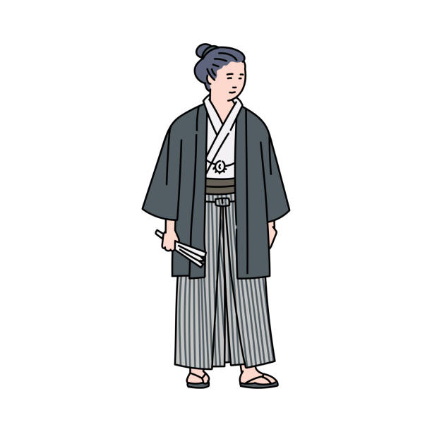 Cartoon Japanese man in traditional costume isolated on white background. Cartoon Japanese man in traditional costume standing isolated on white background. Ancient Japan warrior or monk in kimono style clothes - flat vector illustration cartoon of the famous chinese warriors stock illustrations