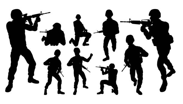 Soldier Detailed Silhouettes Military army soldier armed forces set of high quality detailed silhouettes infantry stock illustrations
