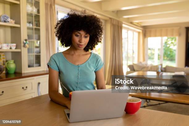 Young Woman Using Computer In The Kitchen Stock Photo - Download Image Now - In Front Of, Laptop, Computer