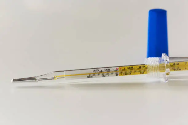 Photo of A glass thermometer on the table