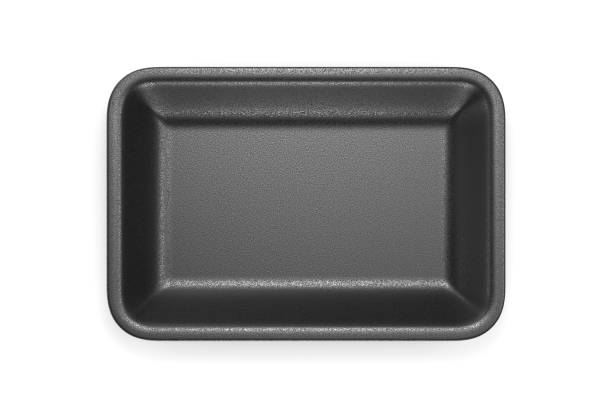 istock Black foam plastic food tray on white background 1204616103