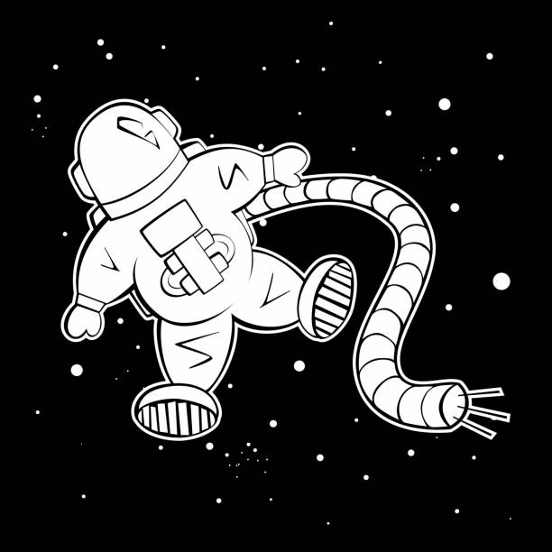 Astronaut lost in space Astronaut vector illustration. Black and white sticker of lone astronaut lost in space. lost in space stock illustrations