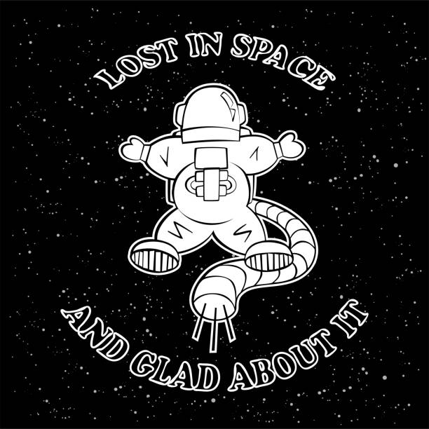 Astronaut lost in space Astronaut vector illustration. Black and white cartoon of lonely astronaut lost in space and glad about it. lost in space stock illustrations
