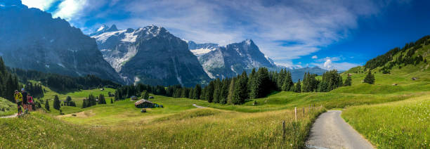 marathonläufer zu fuß der alpen mit ausblick auf die landschaft in grindelwald, schweiz - swiss culture european alps eiger mountain range stock-fotos und bilder