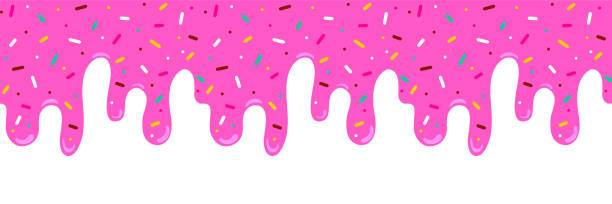 rosa eis geschmolzen mit bunten niedlichen süßigkeiten besprenkelt lange grenze, banner nahtlose muster, vektor weißen hintergrund - drop cookies stock-grafiken, -clipart, -cartoons und -symbole
