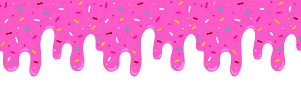 Vector illustration of Pink ice cream melted with colorful cute candy sprinkles long border, banner seamless pattern, vector white background
