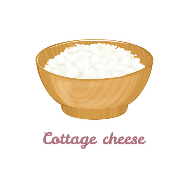Cottage cheese in wooden bowl Isolated on white background. Vector illustration of curd in cartoon flat style. Product of dairy farm. Organic healthy food. Cottage cheese in wooden bowl Isolated on white background. Vector illustration of curd in cartoon flat style. Product of dairy farm. Organic healthy food. cottage cheese stock illustrations