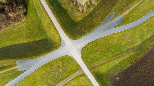 istock Agricultural fields, dike and dirt road crossroads - aerial view 1204620964