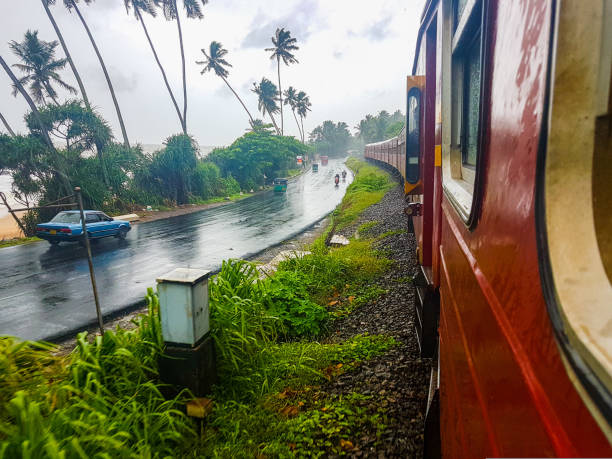 Train from Colombo to Galle along the indian ocean in Sri Lanka In July 2018, tourists were traveling from Colombo to Galle by train in Sri Lanka. colombo train stock pictures, royalty-free photos & images