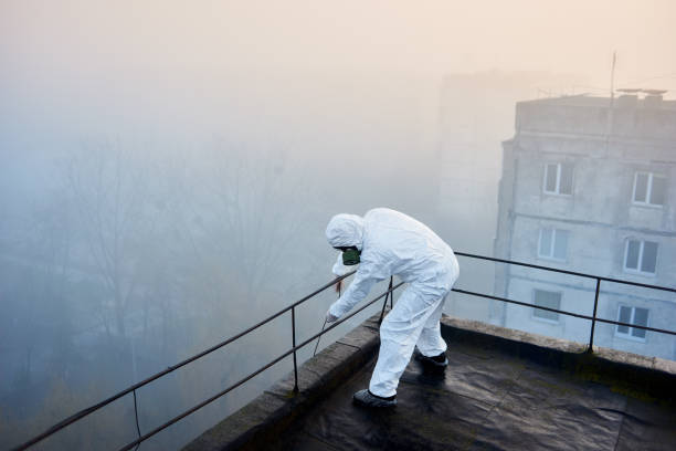 istock Worker scientist wearing protective coverall and gas mask doing ecological tests on the roof 1204628288