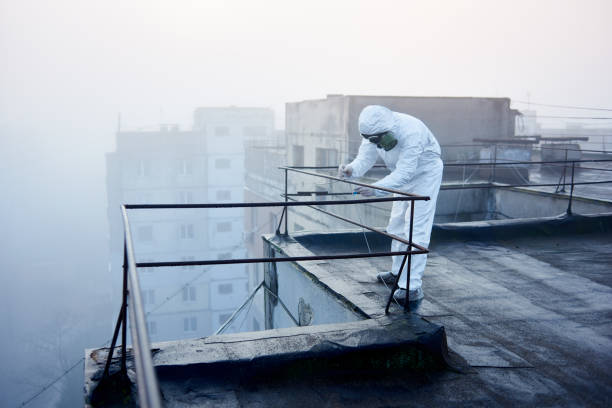 istock Worker scientist wearing protective coverall and gas mask doing ecological tests on the roof 1204628368