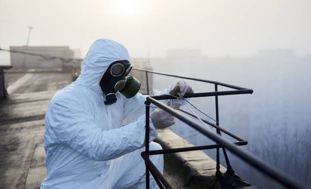 istock Worker scientist wearing protective coverall and gas mask doing ecological tests on the roof 1204628491