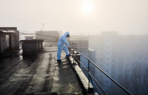 istock Worker scientist wearing protective coverall and gas mask doing ecological tests on the roof 1204628527