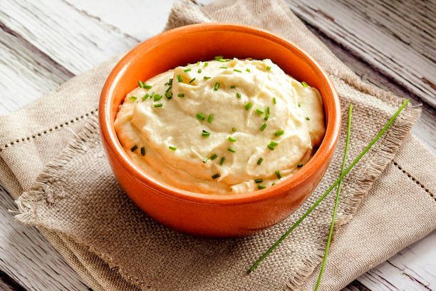 Mashed cauliflower. Gluten-free side dish. For vegetarians, ketogenic diets and paleo diets. stock photo