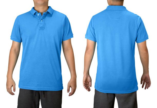 istock Blue blank polo t shirt on a young man isolated on white background. Front and back view. 1204628749