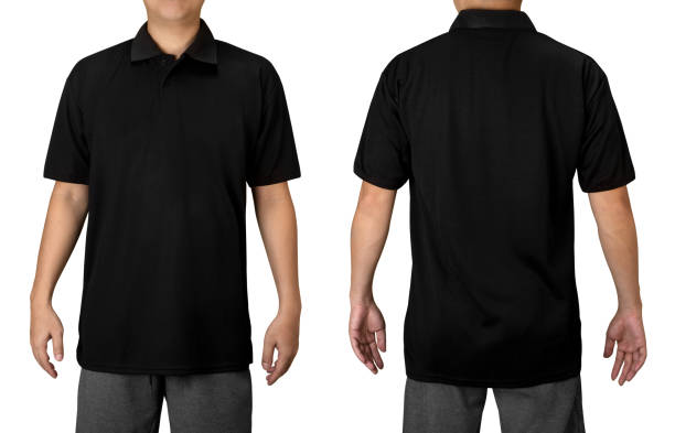 istock Black blank polo t shirt on a young man isolated on white background. Front and back view with clipping path. 1204628758