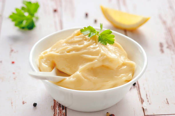 Mayonnaise sauce. Classic French cuisine sauce made from vegetable oil, yolk and vinegar. stock photo
