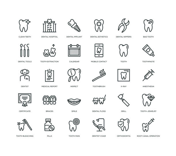 набор иконок detal - dental floss brushing teeth dental hygiene dental equipment stock illustrations
