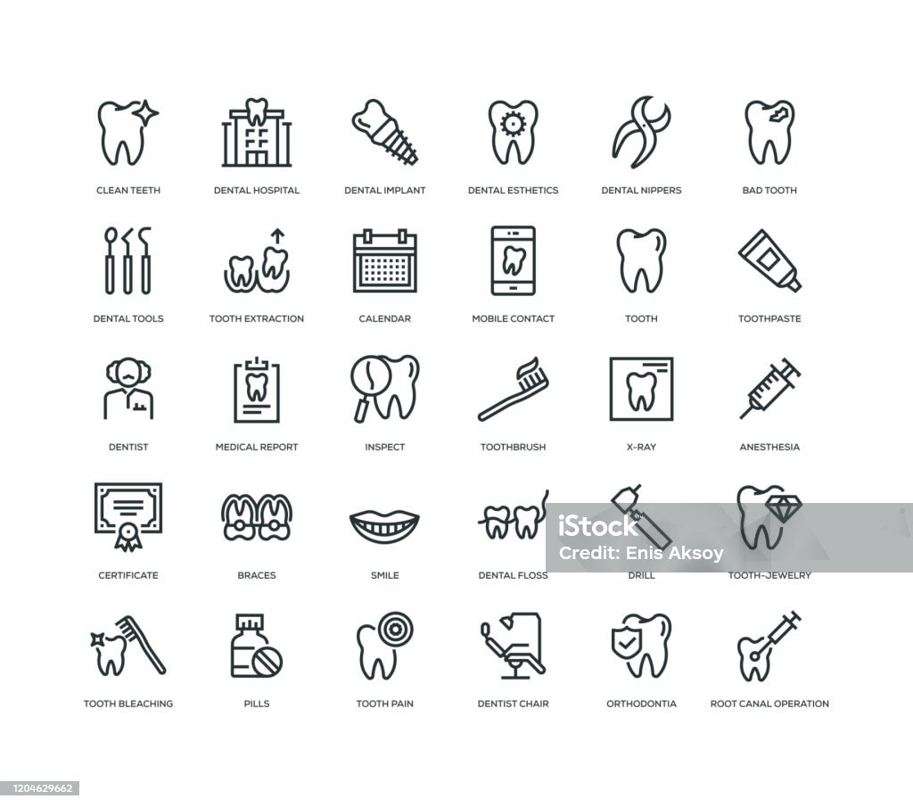 Detal Icon Set 30 Dental Icons - Line Series Icon stock vector