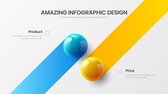 Business 2 option infographic presentation vector 3D colorful balls illustration. 
Corporate marketing analytics data report design layout. Company statistics information graphic visualization template.