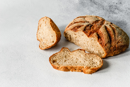 Fresh homemade buckwheat bread. healthy sourdough bread. background with place for text.