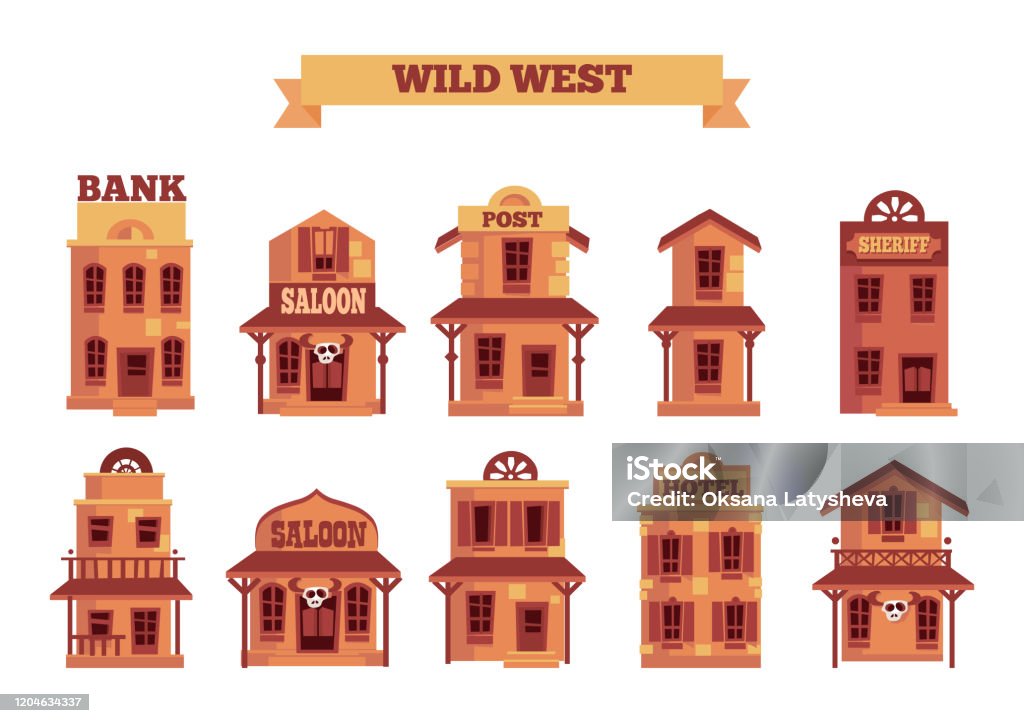 Cartoon Wild West Flat Vector Buildingsset Stock Illustration - Download  Image Now - Wild West, Town, Door - iStock