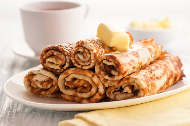 Traditional Russian thin pancakes. stock photo