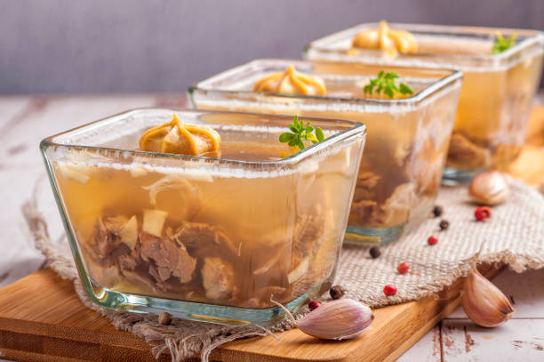 Meat jelly. A traditional dish of Russian and Slavic cuisine from the broth with meat. stock photo