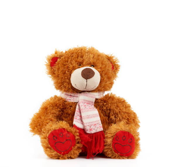istock cute brown teddy bear in a colored knitted scarf sitting on a white background 1204636083