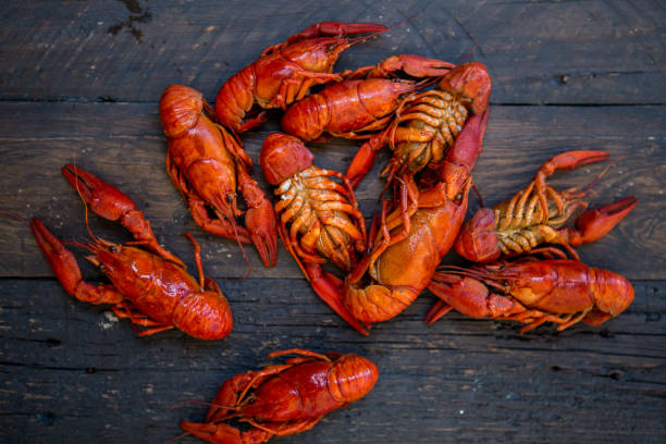 istock Red boiled crawfishes on table in rustic style, closeup. Lobster closeup. 1204636109