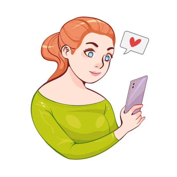 Vector illustration of Cute happy girl holding cellphone, using mobile for selfie. Woman looking at smartphone. Flat cartoon vector illustration.