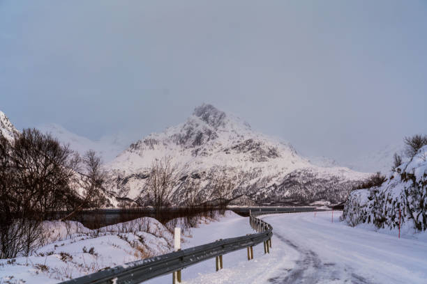 istock Winter road trip landscape. Mountains covered with snow, cloudy sky. 1204637614