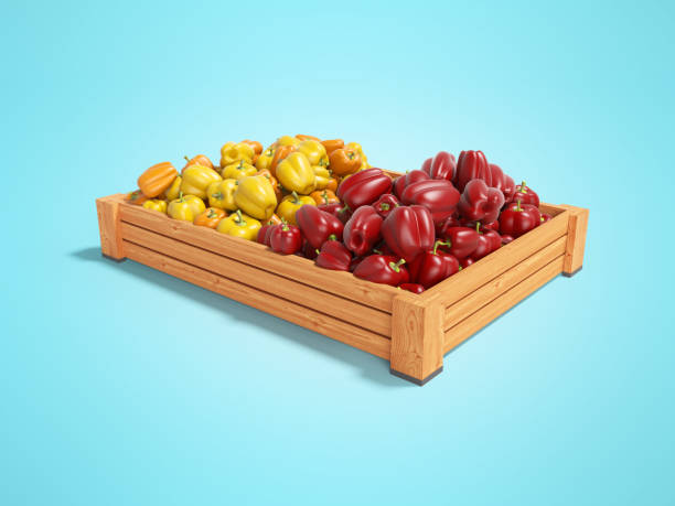 istock Yellow and red fresh peppers on wooden pallet left view 3d render on blue background with shadow 1204641031