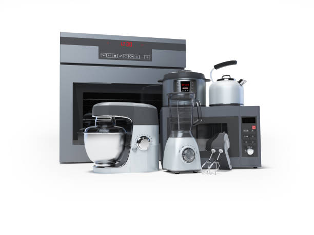 istock Kitchen appliances built into the group electric oven microwave blender electric kettle 3d rendering on white background with shadow 1204642236