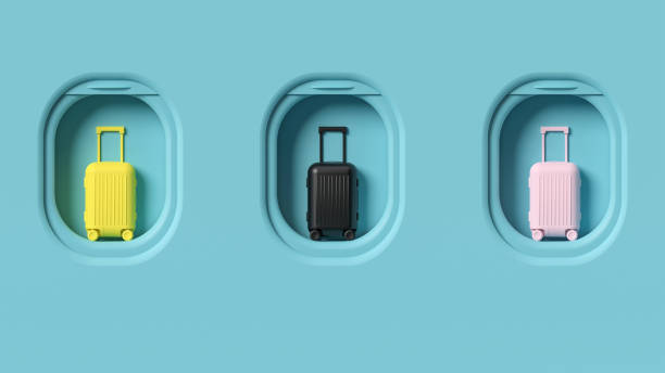 Travel luggage on airplane window porthole, conceptual background, minimalist pastel colors, front view. Airplane windows design, colorful baggage trunk mockup, trip trolley design, tourist background Airplane windows design, colorful baggage trunk mockup, trip trolley design, tourist background. Travel luggage on airplane window porthole, conceptual background, minimalist pastel colors, front view. attraction studio photography stock pictures, royalty-free photos & images