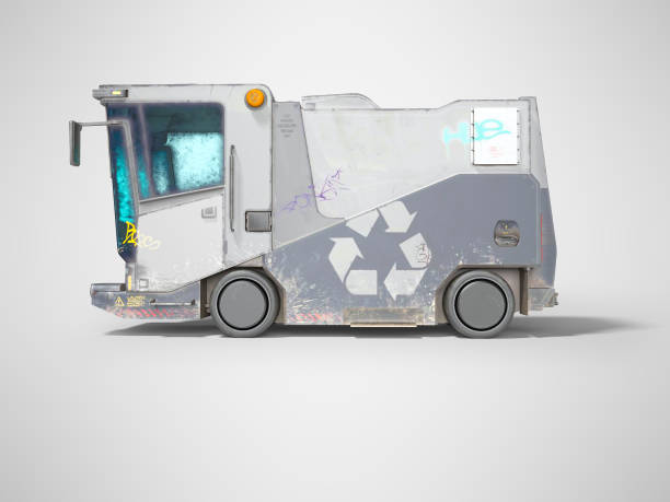 istock Concept modern garbage truck for city side view 3d render on gray background with shadow 1204642835