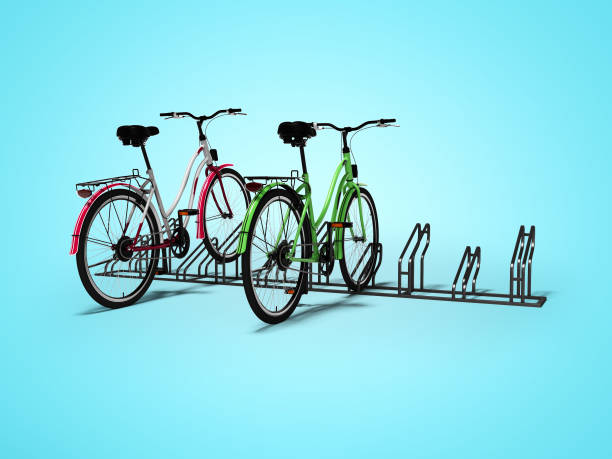 istock Bicycle parking with two bicycles parked 3d render on blue background with shadow 1204643684