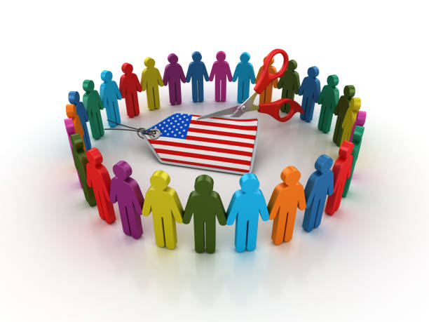 istock Pictogram Teamwork with USA FLAG Price Tag and Scissors - 3D Rendering 1204644037