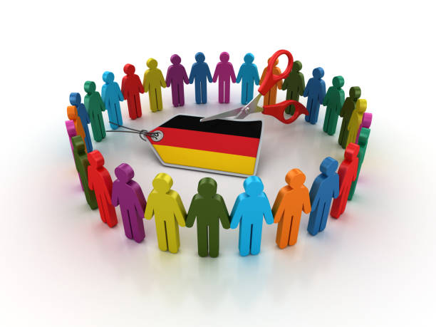 istock Pictogram Teamwork with GERMAN FLAG Price Tag and Scissors - 3D Rendering 1204644066