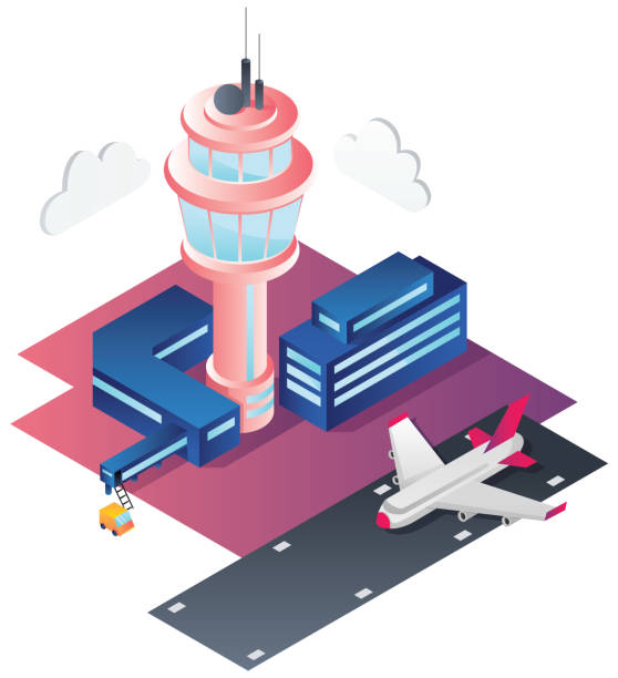 ilustraciones, imágenes clip art, dibujos animados e iconos de stock de diseño de piso isométrico del aeropuerto - air traffic control tower airport runway air travel