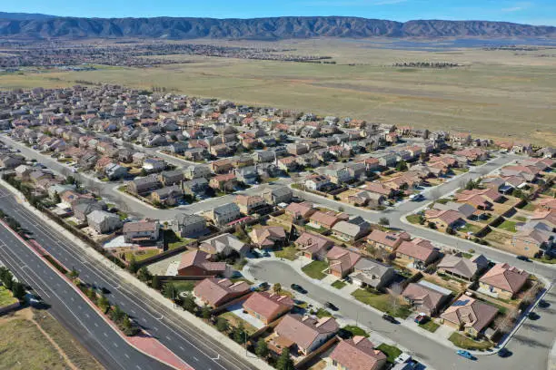 Drone photograph of a housing tract in Lancaster, CA, January 31, 2020.