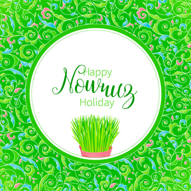 Nowruz greeting card. March equinox. Novruz, Navruz. Springtime Vector Happy Nowruz Holiday greeting card. Banner with lettering, wheat grass, flowers, leaves for holidays spring celebration. Novruz. Navruz. March equinox. Iranian, Persian New Year. Colorful label. Springtime. first day of spring stock illustrations