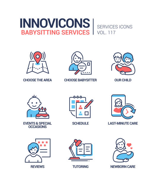탁아 서비스 - 벡터 라인 디자인 스타일 아이콘 세트 - county planner stock illustrations