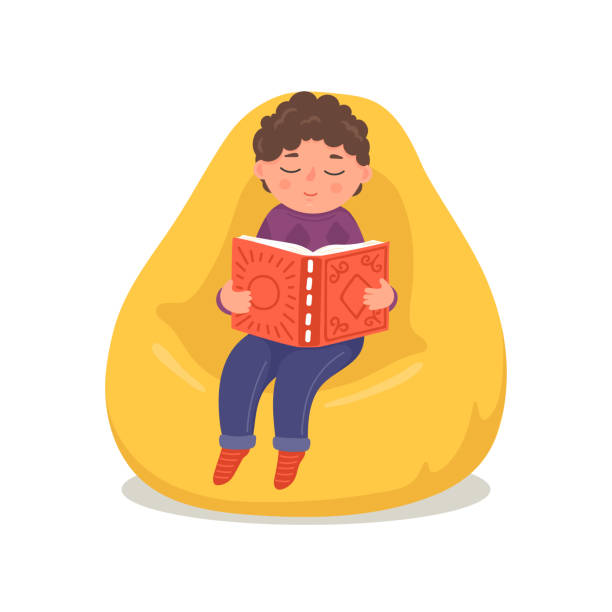 Cute Little Boy Reading Book In Bean Bag Stock Illustration - Download  Image Now - Child, Book, Reading - iStock