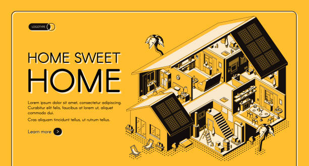 Home engineering company isometric vector website House construction company isometric vector web banner. Modern cottage storey plan, villa rooms cross section interiors line art illustration. Architecture contracting service landing page template contracting stock illustrations