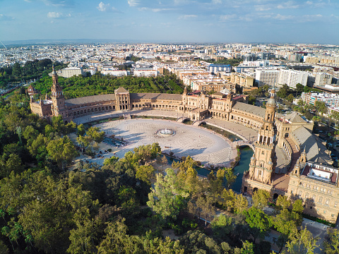 Drone Shot Of Plaza De Espana And The Maria Luisa Park in Seville, Spain