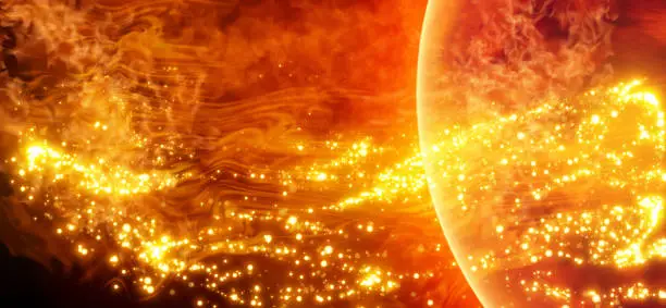 Vector illustration of Science background - solar activity in space. Solar surface with solar flares, Burning of the sun. Global warming. Vector.