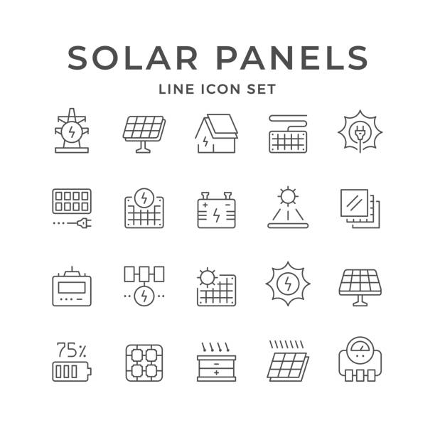 festlegen von liniensymbolen von sonnenkollektoren - photovoltaik stock-grafiken, -clipart, -cartoons und -symbole