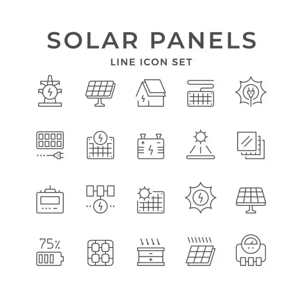 Vector illustration of Set line icons of solar panels