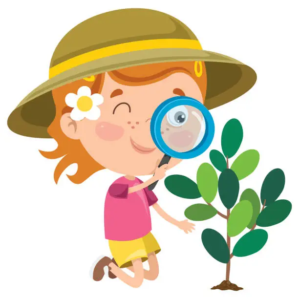 Vector illustration of A Little Kid Using Magnifier